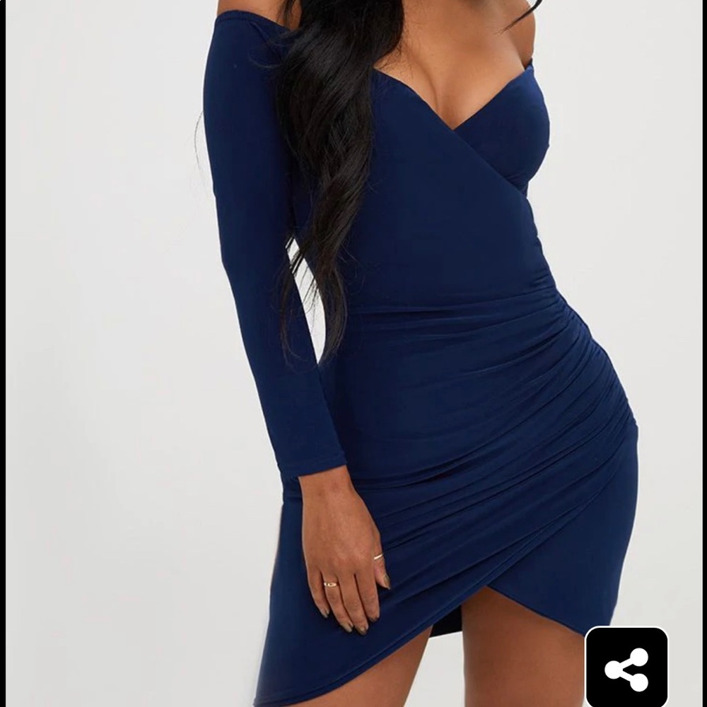 Shape Navy Ruched Bardot Bodycon Dress